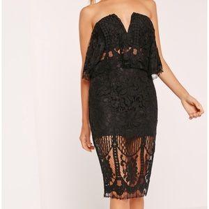 Missguided Lace Bandeau Frill Midi Dress Black